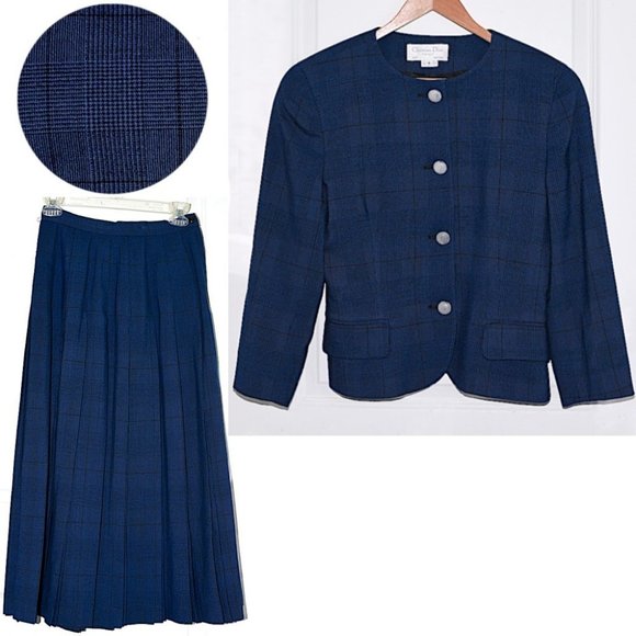 Christian Dior The Suit Vtg Blue Plaid Skirt Suit